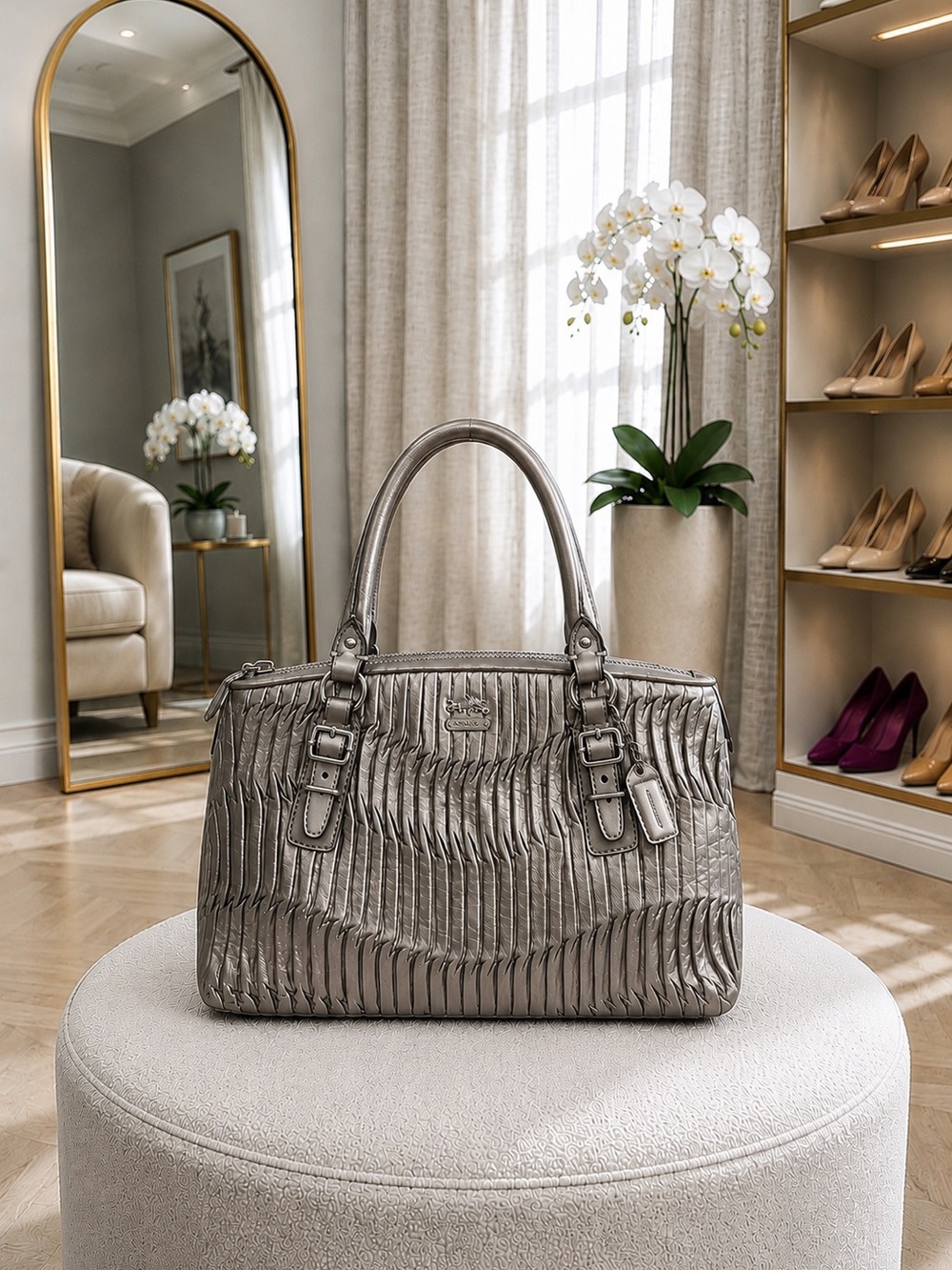 COACH Ashley Metallic Pewter Gathered Leather Satchel Shoulder Bag